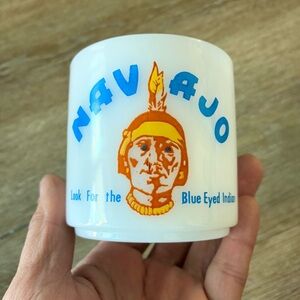 Vintage NAVAJO Milk Glass Mug Look For The Blue Eyed Indian Heat Proof USA